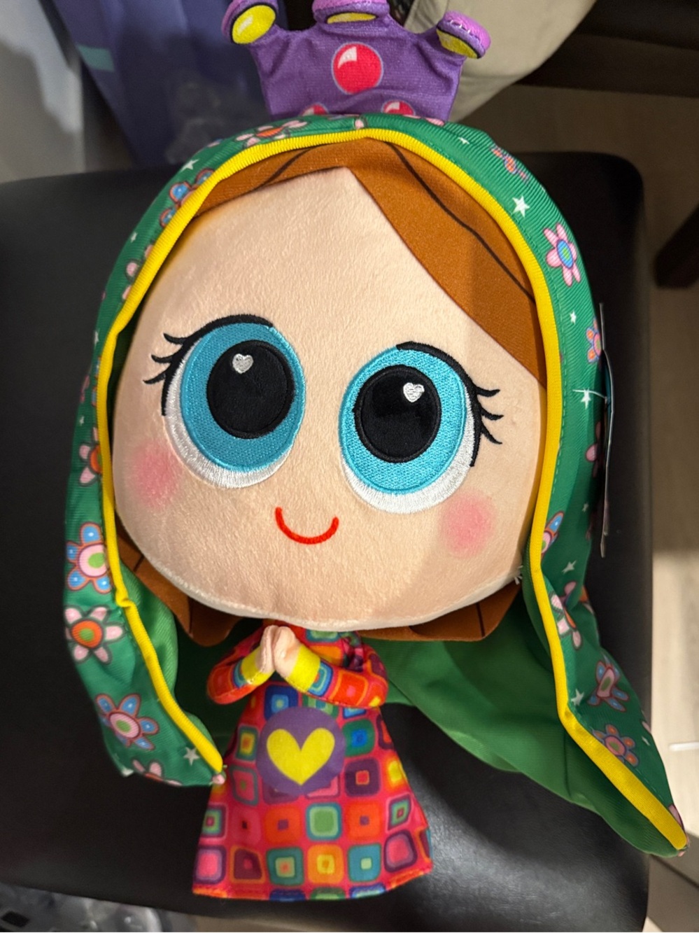Virgen Mary Plush Kids Doll with Green Hood and Colorful Dress - Brand